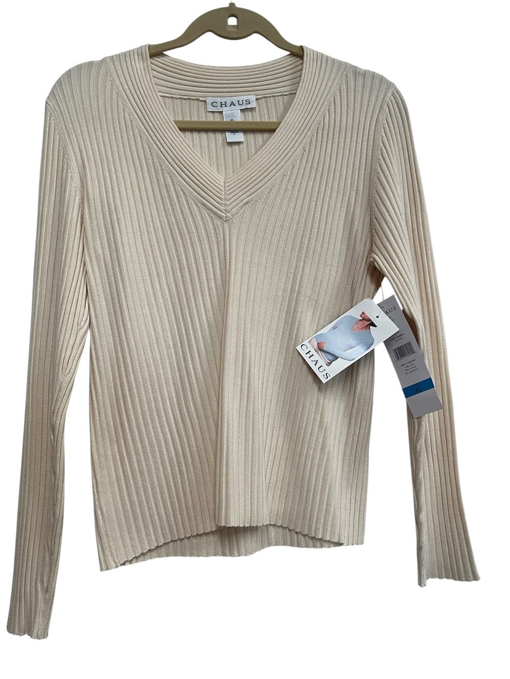 Chaus ribbed V-neck sweater Cream Color Silk Blend Size XL NWT